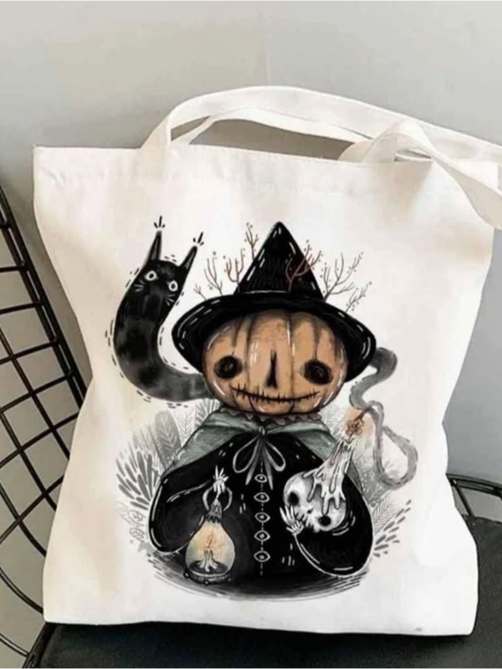Spooky Pumpkin Witch Halloween Tote Bag – Black Cat & Ghost Design – 15” x 13”